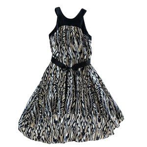 Anthropologie Leifsdottir 100% Silk High Low Hem Belted Dress Black White Blue 6